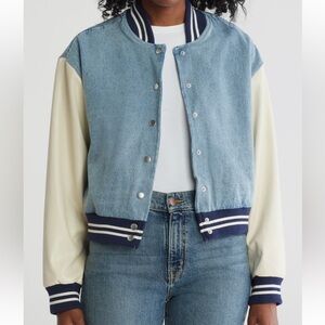 Steve Madden Denim and Cream Varsity Jacket